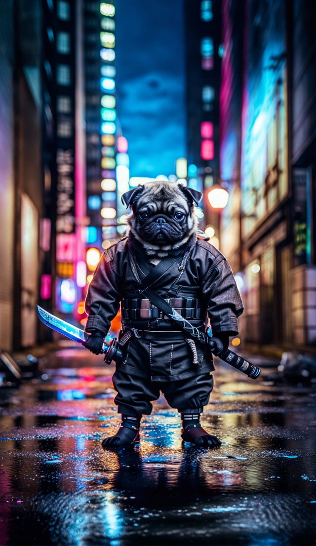 A pug-faced ninja in crime-ridden Tokyo city, captured through a Canon EOS R5 with RF 15-35mm f/2.8L IS USM Lens, amidst neon lights, graffiti, and litter.