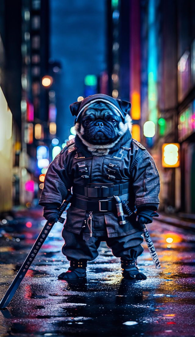 A fearsome pug-faced ninja in crime-ridden Tokyo city, captured through a Canon EOS R5 with RF 15-35mm f/2.8L IS USM Lens, amidst neon lights, graffiti, and litter.