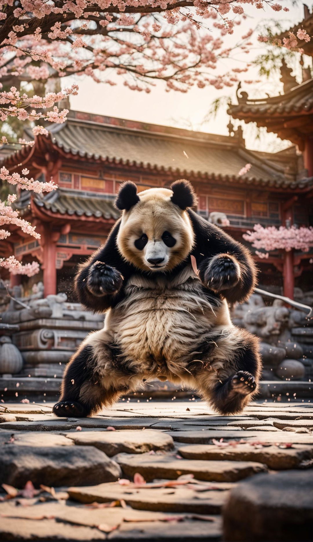 A rotund panda practices kung fu in the courtyard of an ancient Chinese monastery adorned with dragon sculptures and cherry blossom trees.