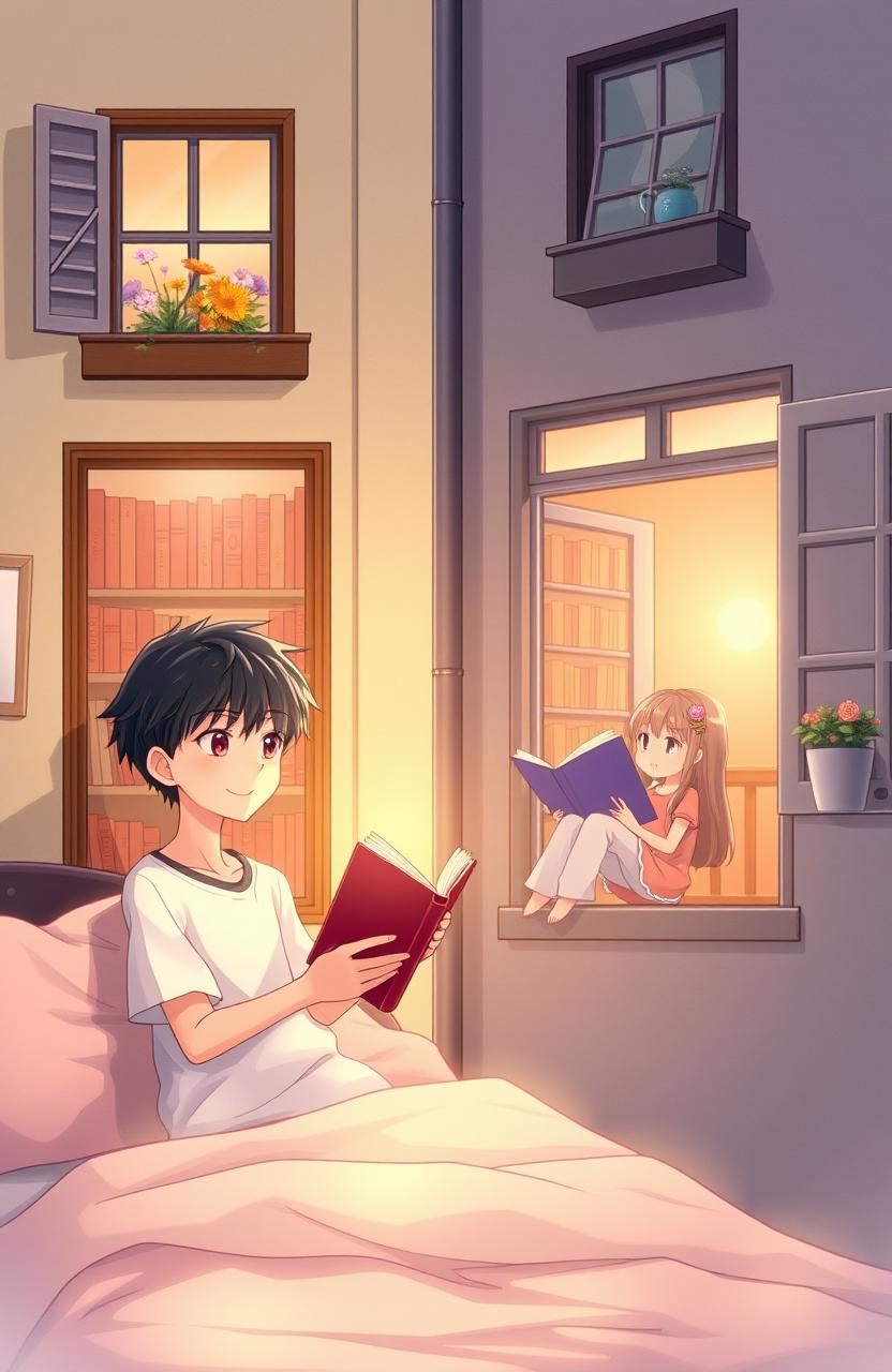 An anime-style romantic story scene featuring two main characters, a boy and a girl, who live in side-by-side buildings with their rooms directly opposite each other