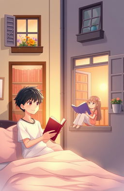 An anime-style romantic story scene featuring two main characters, a boy and a girl, who live in side-by-side buildings with their rooms directly opposite each other