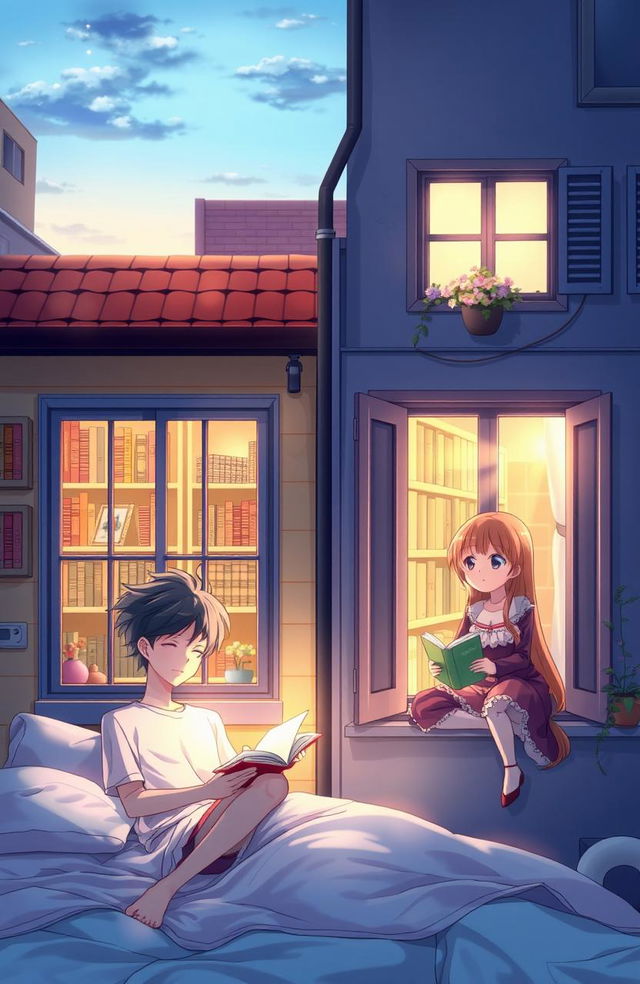 An anime-style romantic story scene featuring two main characters, a boy and a girl, who live in side-by-side buildings with their rooms directly opposite each other