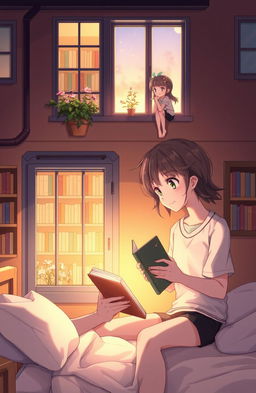 An anime-style romantic story scene featuring two main characters, a boy and a girl, who live in side-by-side buildings with their rooms directly opposite each other