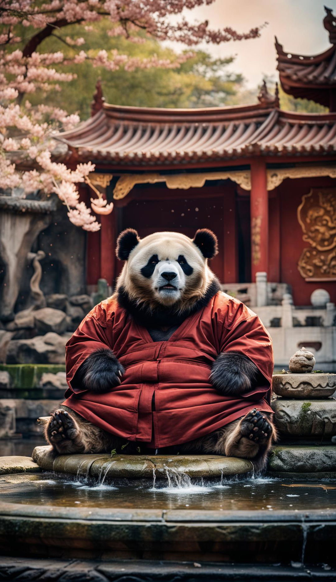 A fat panda, the kung fu master, meditates in traditional ancient Chinese monastery attire in the courtyard of a beautiful Chinese monastery during the Ancient China time period.