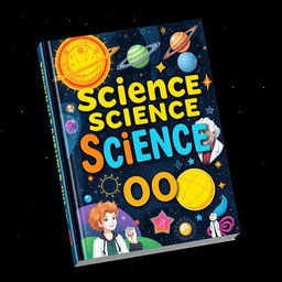 A beautifully illustrated science book cover, featuring a vibrant depiction of a galaxy with stars and planets, incorporating elements of physics like atoms and molecules, alongside illustrations of famous scientists like Albert Einstein and Marie Curie, all set against a dark, starry background