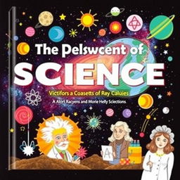 A beautifully illustrated science book cover, featuring a vibrant depiction of a galaxy with stars and planets, incorporating elements of physics like atoms and molecules, alongside illustrations of famous scientists like Albert Einstein and Marie Curie, all set against a dark, starry background