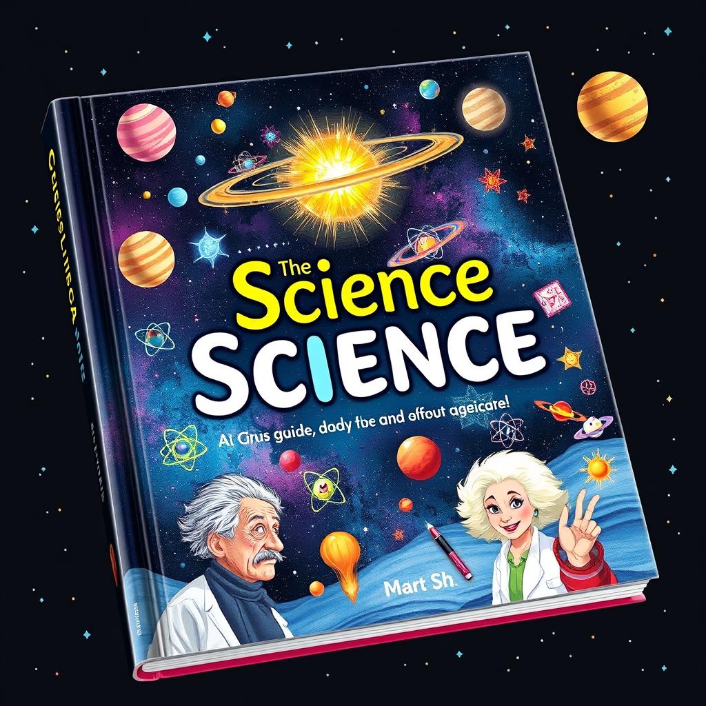 A beautifully illustrated science book cover, featuring a vibrant depiction of a galaxy with stars and planets, incorporating elements of physics like atoms and molecules, alongside illustrations of famous scientists like Albert Einstein and Marie Curie, all set against a dark, starry background