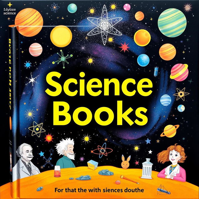 A beautifully illustrated science book cover, featuring a vibrant depiction of a galaxy with stars and planets, incorporating elements of physics like atoms and molecules, alongside illustrations of famous scientists like Albert Einstein and Marie Curie, all set against a dark, starry background