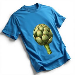 a realistic art piece showing a smooth, wrinkle-free blue t-shirt featuring a detailed and realistic artichoke printed on it, capturing the textures and vibrant colors of the artichoke, displayed against a minimalistic background that enhances the focus on the t-shirt and its unique design