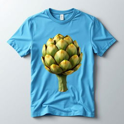 a realistic art piece showing a smooth, wrinkle-free blue t-shirt featuring a detailed and realistic artichoke printed on it, capturing the textures and vibrant colors of the artichoke, displayed against a minimalistic background that enhances the focus on the t-shirt and its unique design