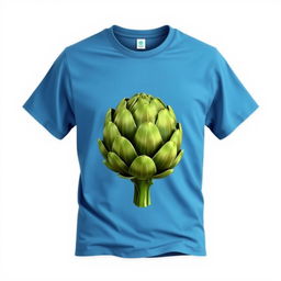 a realistic art piece showing a smooth, wrinkle-free blue t-shirt featuring a detailed and realistic artichoke printed on it, capturing the textures and vibrant colors of the artichoke, displayed against a minimalistic background that enhances the focus on the t-shirt and its unique design