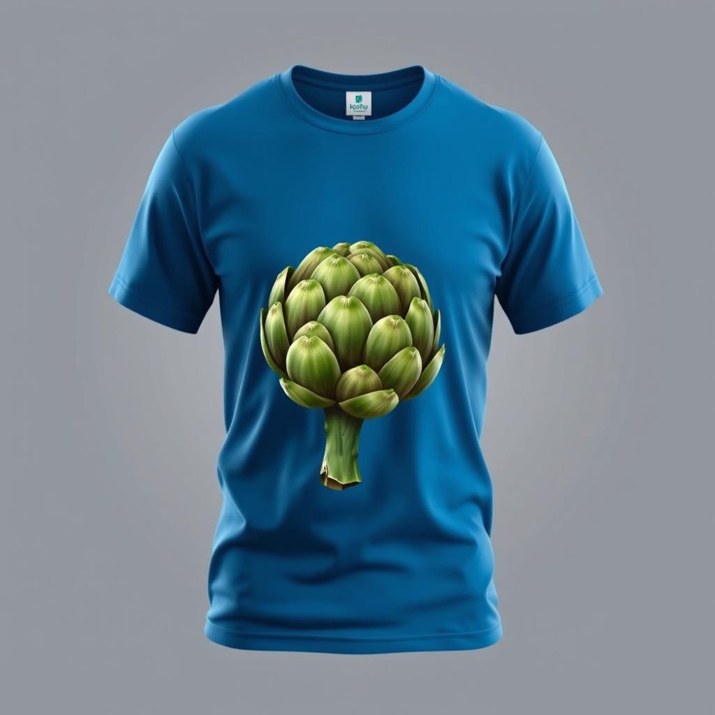 a realistic art piece showing a smooth, wrinkle-free blue t-shirt featuring a detailed and realistic artichoke printed on it, capturing the textures and vibrant colors of the artichoke, displayed against a minimalistic background that enhances the focus on the t-shirt and its unique design