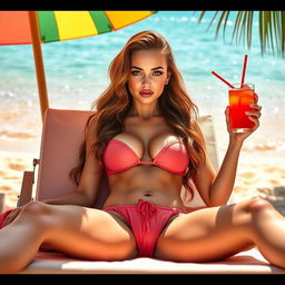 A stunning, busty freckled redhead laying back on a sun lounger, relaxed and spread-legged in a tiny bikini that showcases her figure