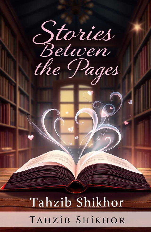 A beautifully illustrated book cover for a romance novel titled 'Stories Between the Pages' by Tahzib Shikhor