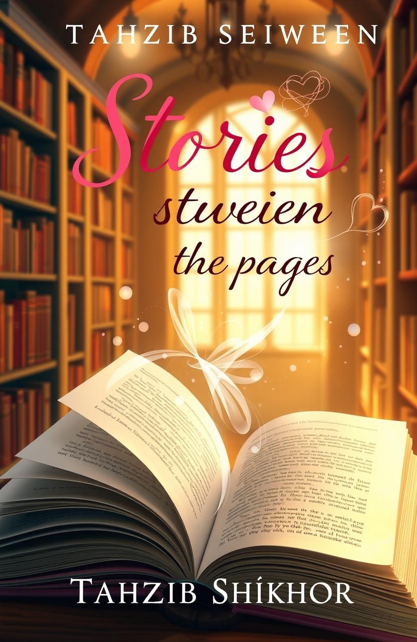 A beautifully illustrated book cover for a romance novel titled 'Stories Between the Pages' by Tahzib Shikhor