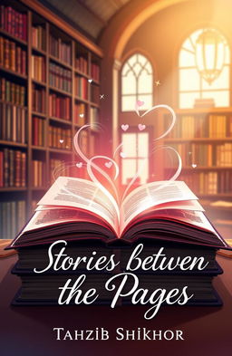 A beautifully illustrated book cover for a romance novel titled 'Stories Between the Pages' by Tahzib Shikhor