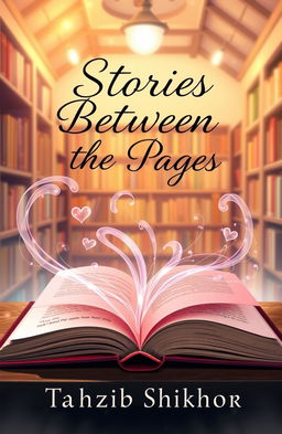A beautifully illustrated book cover for a romance novel titled 'Stories Between the Pages' by Tahzib Shikhor