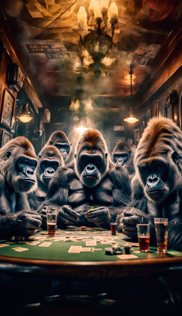 Wide-angle photograph of gorillas playing poker in a smoky bar with vintage decor and a chimpanzee bartender.