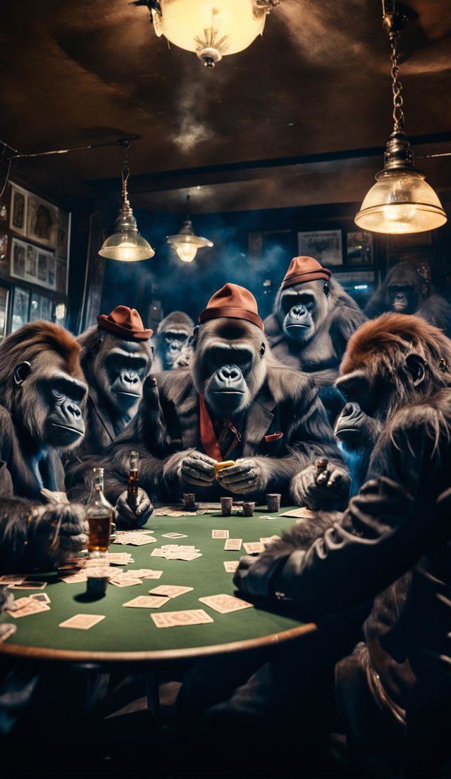 Wide-angle photograph of gorillas dressed in 1980s mafia suits playing poker in a smoky bar with a chimpanzee bartender.