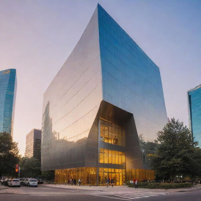 Modern tech company headquarters in the city during the golden hour, prominently featuring angular, sleek architecture, the company logo on the building, and bustling with technology-savvy individuals.