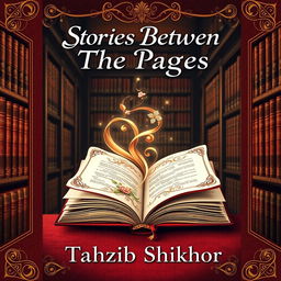 A classic-style book cover for a romance novel titled 'Stories Between the Pages' by Tahzib Shikhor