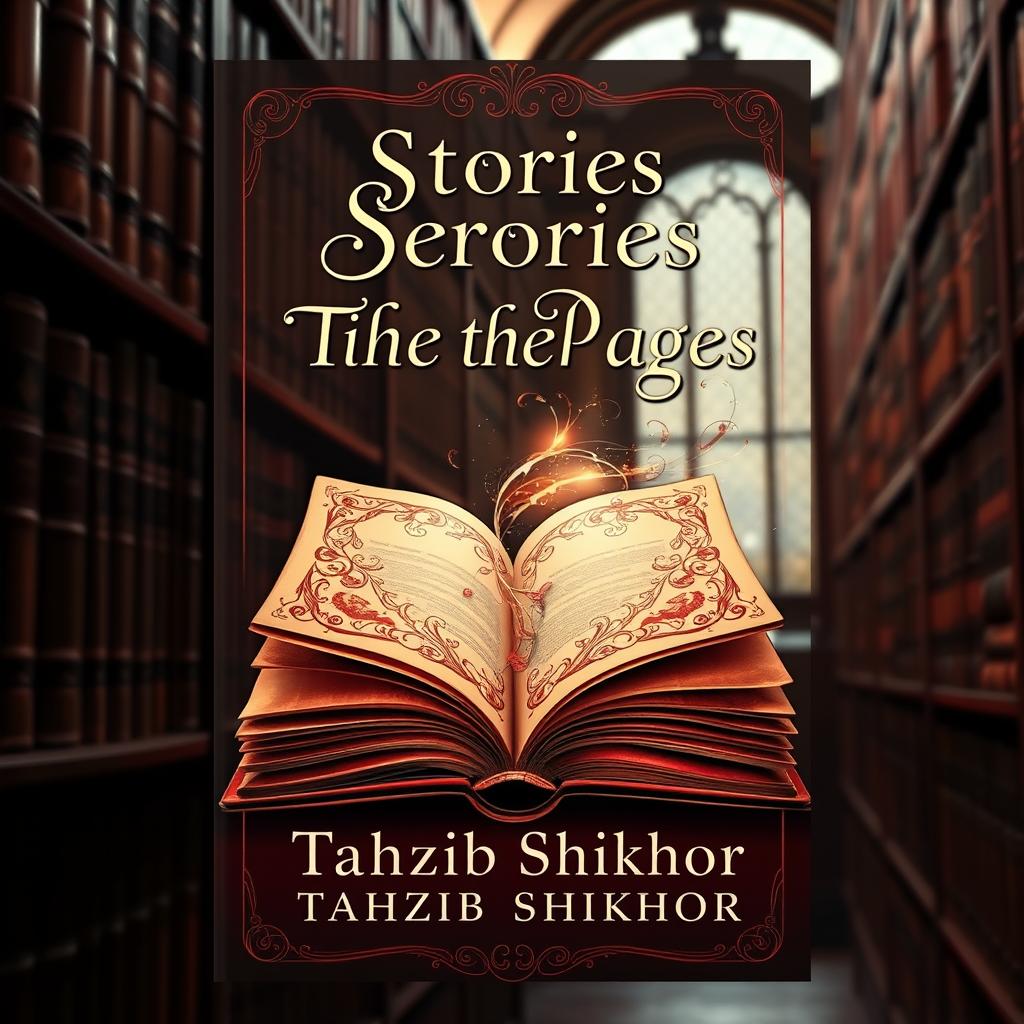 A classic-style book cover for a romance novel titled 'Stories Between the Pages' by Tahzib Shikhor