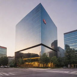 Modern tech company headquarters in the city during the golden hour, prominently featuring angular, sleek architecture, the company logo on the building, and bustling with technology-savvy individuals.