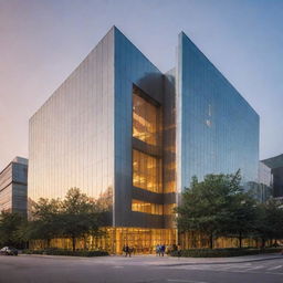 Modern tech company headquarters in the city during the golden hour, prominently featuring angular, sleek architecture, the company logo on the building, and bustling with technology-savvy individuals.