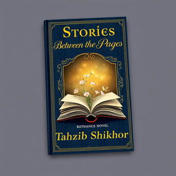 A classic book cover design for a romance novel titled 'Stories Between the Pages' by Tahzib Shikhor