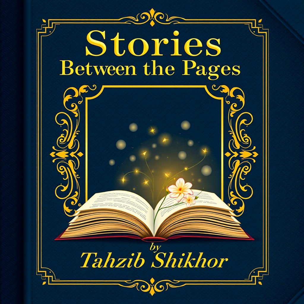 A classic book cover design for a romance novel titled 'Stories Between the Pages' by Tahzib Shikhor