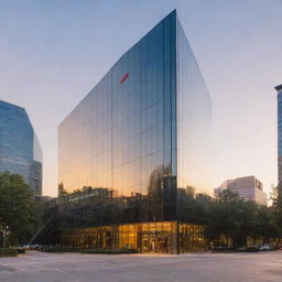 Modern tech company headquarters in the city during the golden hour, prominently featuring angular, sleek architecture, the company logo on the building, and bustling with technology-savvy individuals.