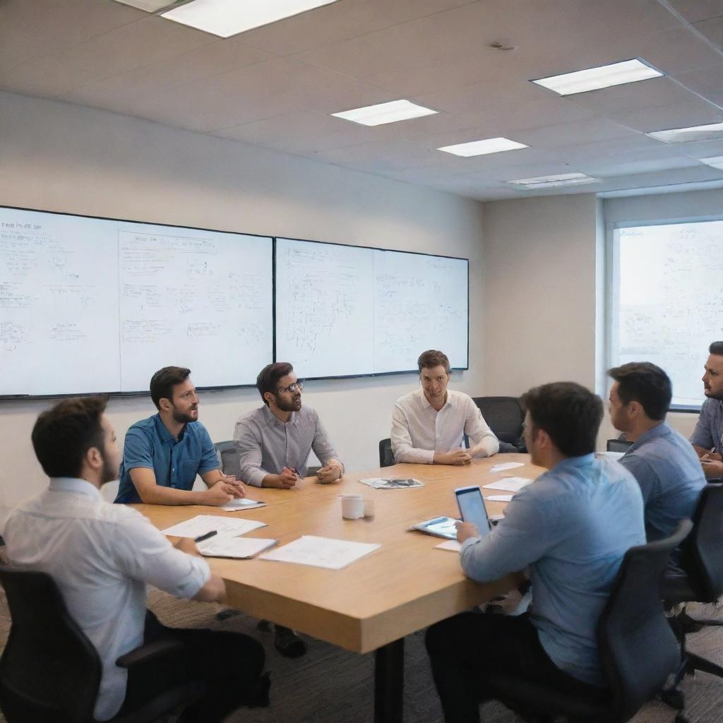 A team of tech company employees involved in a dynamic brainstorming session. The room is filled with whiteboards scribbled with innovative ideas, digital screens display data, while individuals passionately discuss and collaborate.