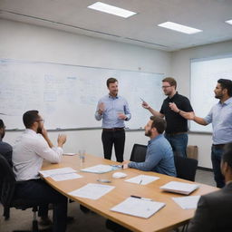 A team of tech company employees involved in a dynamic brainstorming session. The room is filled with whiteboards scribbled with innovative ideas, digital screens display data, while individuals passionately discuss and collaborate.