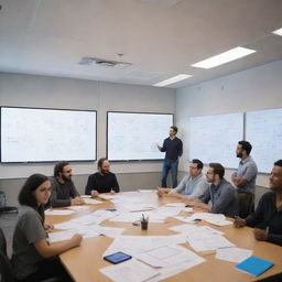 A team of tech company employees involved in a dynamic brainstorming session. The room is filled with whiteboards scribbled with innovative ideas, digital screens display data, while individuals passionately discuss and collaborate.