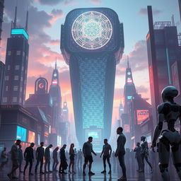 A futuristic cityscape dominated by towering digital structures and holographic displays, where advanced artificial intelligence systems loom over humans