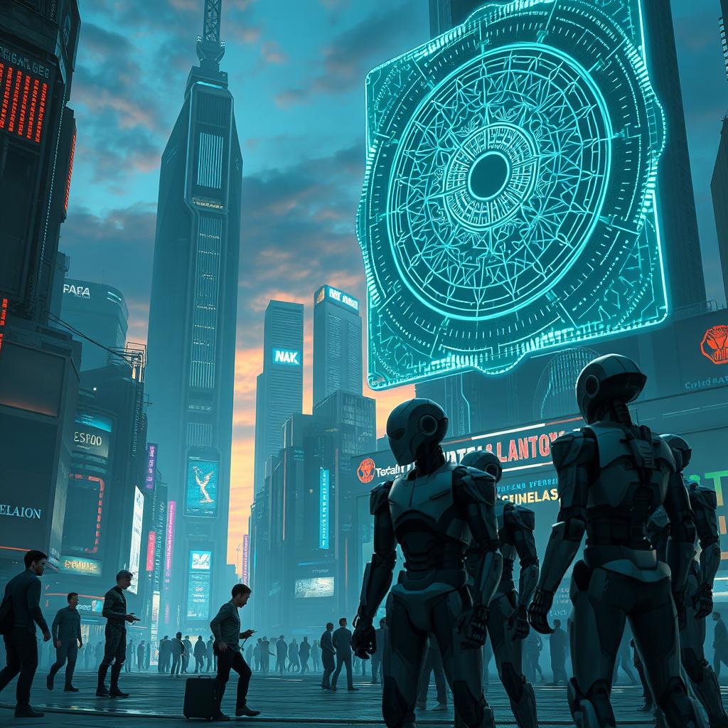 A futuristic cityscape dominated by towering digital structures and holographic displays, where advanced artificial intelligence systems loom over humans