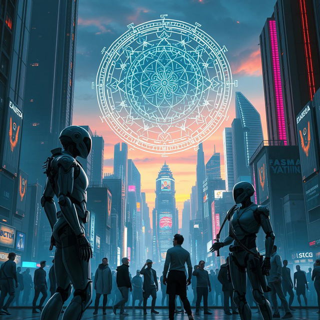 A futuristic cityscape dominated by towering digital structures and holographic displays, where advanced artificial intelligence systems loom over humans