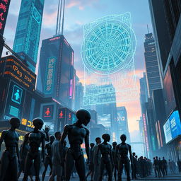 A futuristic cityscape dominated by towering digital structures and holographic displays, where advanced artificial intelligence systems loom over humans