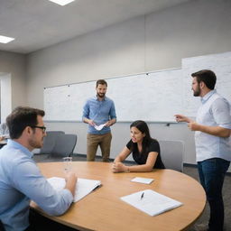 A team of tech company employees involved in a dynamic brainstorming session. The room is filled with whiteboards scribbled with innovative ideas, digital screens display data, while individuals passionately discuss and collaborate.