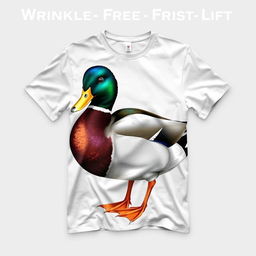 A design of a wrinkle-free t-shirt featuring a highly realistic illustration of a duck