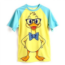 A smooth, wrinkle-free t-shirt featuring a playful, cartoonish duck wearing glasses and a bow tie, standing confidently