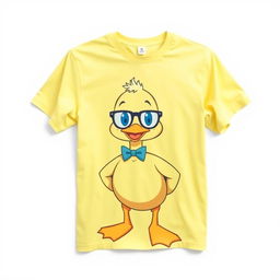 A smooth, wrinkle-free t-shirt featuring a playful, cartoonish duck wearing glasses and a bow tie, standing confidently