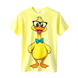 A smooth, wrinkle-free t-shirt featuring a playful, cartoonish duck wearing glasses and a bow tie, standing confidently