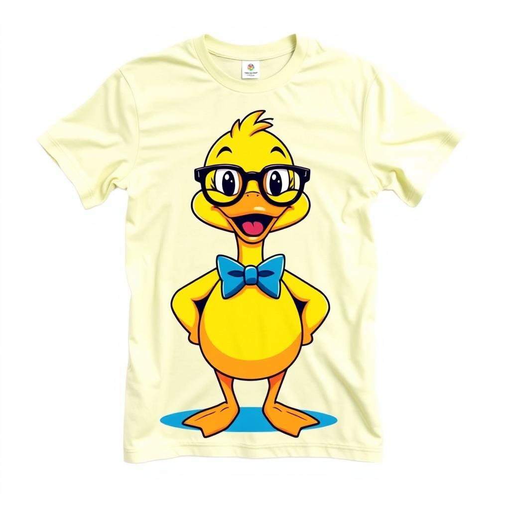 A smooth, wrinkle-free t-shirt featuring a playful, cartoonish duck wearing glasses and a bow tie, standing confidently