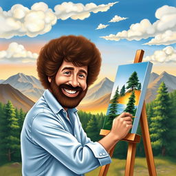 A whimsical scene depicting Bob Ross, the iconic painter, joyfully painting a self-portrait of himself painting on an easel