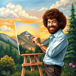 A whimsical scene depicting Bob Ross, the iconic painter, joyfully painting a self-portrait of himself painting on an easel