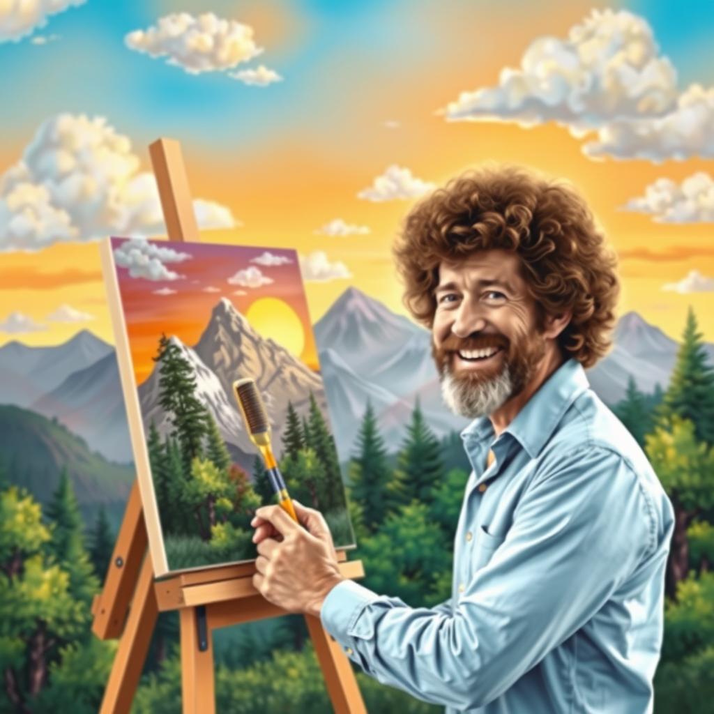 A whimsical scene depicting Bob Ross, the iconic painter, joyfully painting a self-portrait of himself painting on an easel