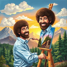A whimsical scene depicting Bob Ross, the iconic painter, joyfully painting a self-portrait of himself painting on an easel