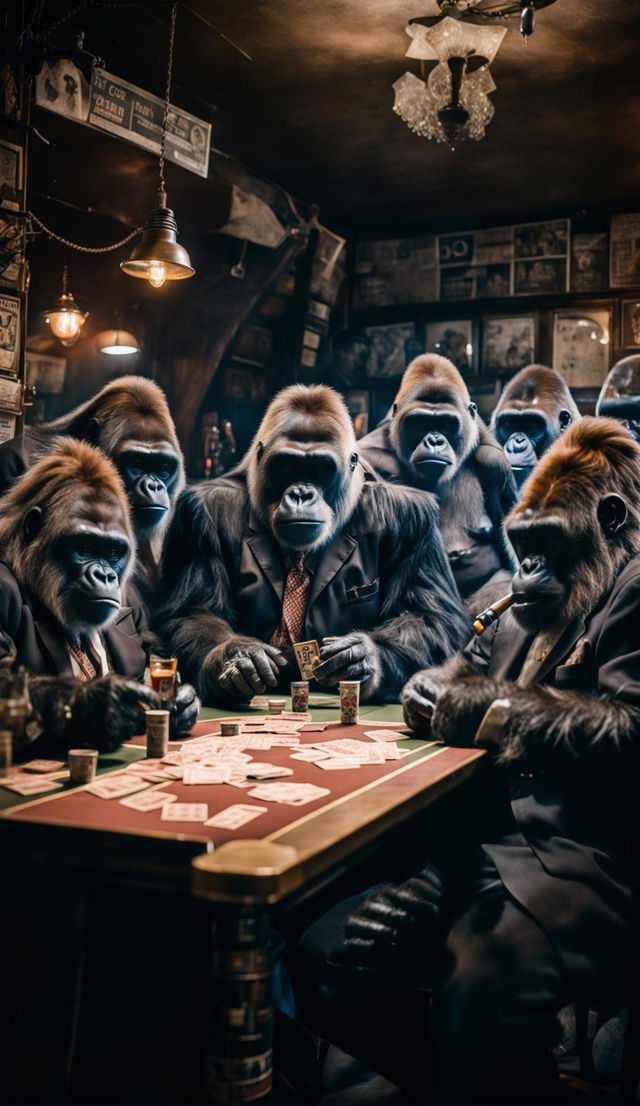 Candid wide-angle photograph taken with Fujifilm GFX 100S and GF 23mm f/4 R LM WR Lens of gorillas dressed in 1980s mafia suits playing poker in a smoky bar with a chimpanzee bartender.