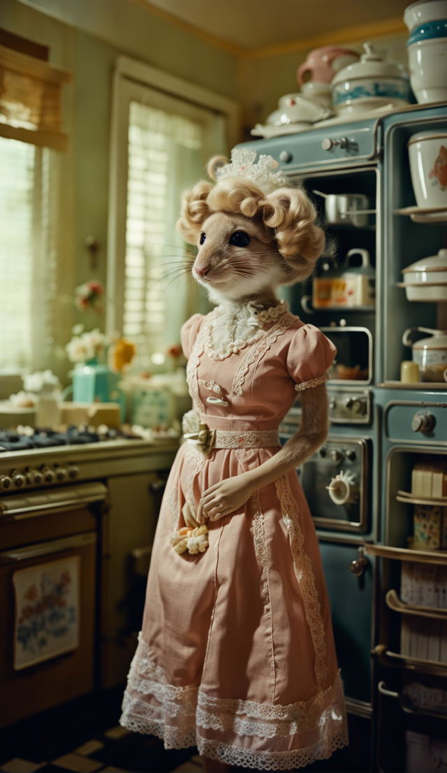 Anthropomorphic mouse housewife in 1950s attire in a vintage home, captured with Canon EOS R5 with RF 35mm f/2.8L IS USM Lens.